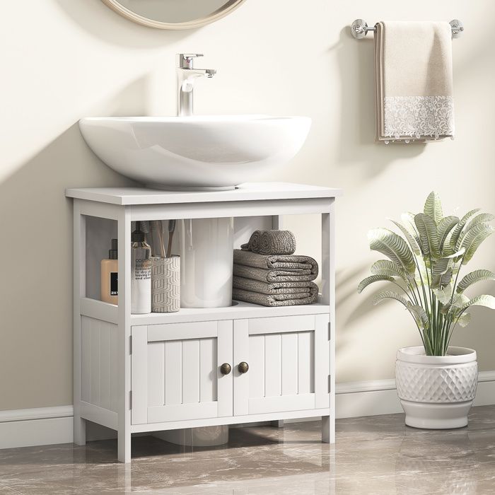 Meuble sous lavabo 60 x 30 x 60 cm blanc 2 portes et étagère ouverte pour lavabo sur pied