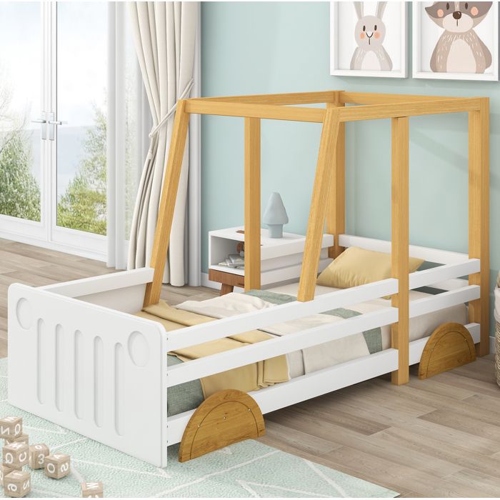 WOVREO Lit enfant voiture 90x200 cm avec barrières cadre en pin et MDF blanc et naturel