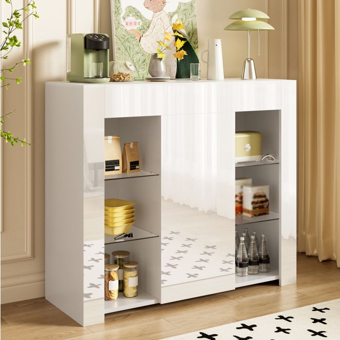 COVREO Buffet bas blanc 95x35x83 cm avec façade brillante étagères en verre et 1 porte