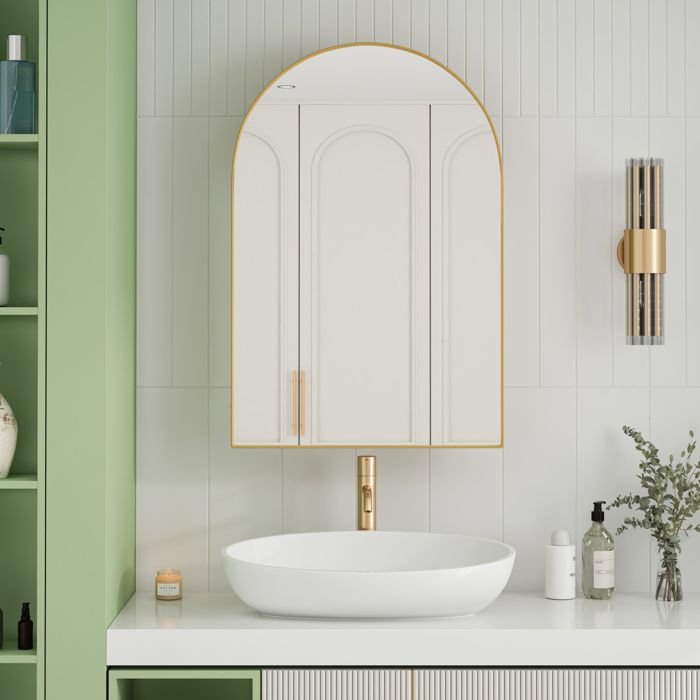 DESVIAE Armoire miroir arquée 91 x 61 x 12 cm cadre métallique doré 2 étagères réglables