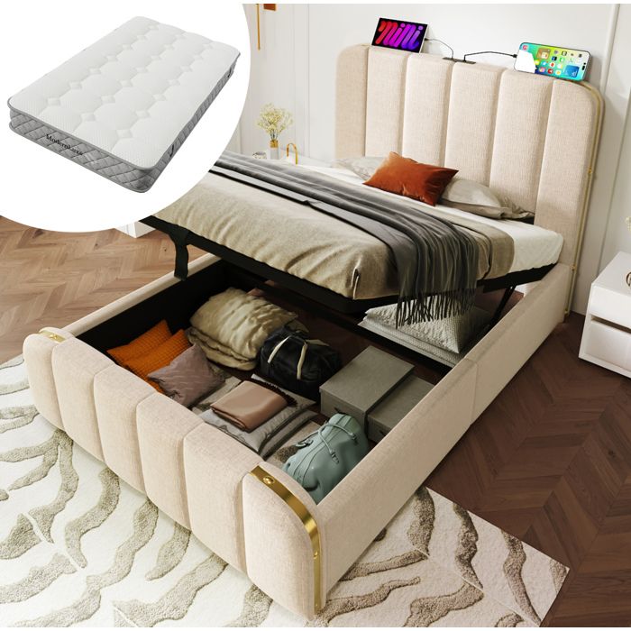 Lit coffre 1 place 90 x 200 cm avec matelas tête de lit rembourrée USB Type-C tissu aspect lin beige