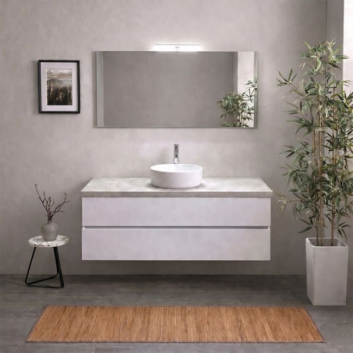 Meuble salle de bain suspendu 120 cm blanc export avec plan Beton miroir 120x60 et lampe Berlin