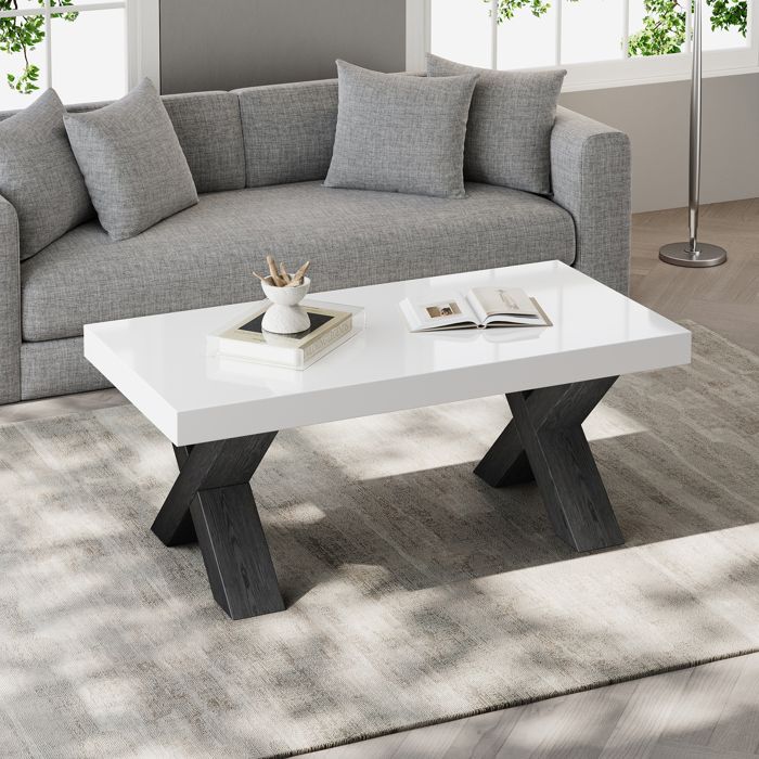 Table basse rectangulaire EVRYAE 100 x 50 x 40 cm plateau blanc brillant pieds en X noirs MDF salon