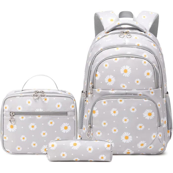 XJYDNCG Cartable Fille Primaire Sac à dos enfant Ensemble 3 Pièces Motif Marguerites Gris Imperméable - 43x29x16cm - Blanc