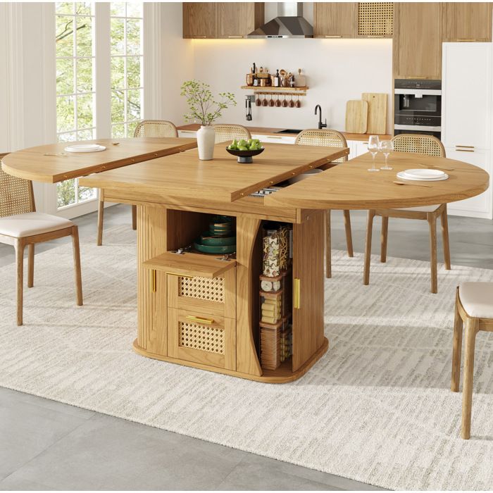 MEUBLIV Table à manger extensible avec rangement MDF effet bois naturel détails rotin