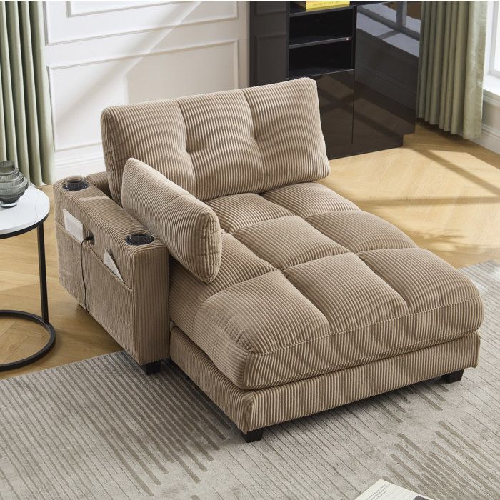 Fauteuil lounge 1 place avec 3 porte-gobelets et poche latérale - MODENVIE - velours côtelé khaki