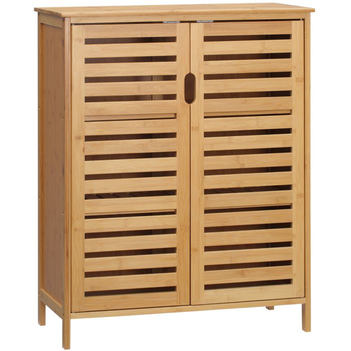 Armoire de salle de bain - meuble en bambou naturel avec 2 portes a lames - 68 x 32 x 86 cm