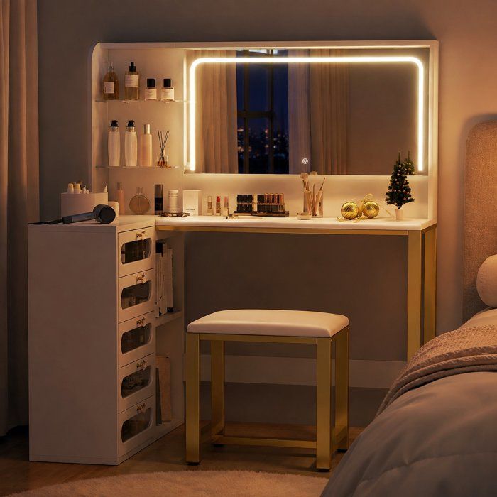 Coiffeuse avec Tabouret - DAHUEN - Table de Maquillage - 5 Tiroirs et Miroir LED - Étagères Réglable - Blanc - 120x80x135 cm
