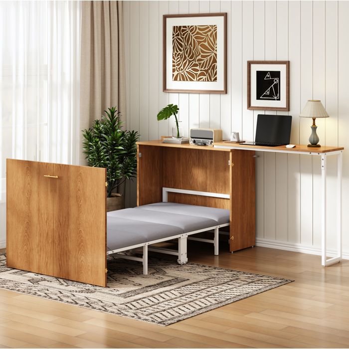 Lit escamotable 1 place 90×200 cm avec bureau pivotant roulettes et matelas inclus - MODENVIE - bois métal naturel