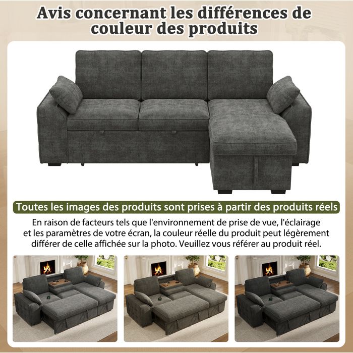 WOVREO Canapé dangle convertible 3 places en chenille gris avec rangement porte-gobelets et port USB