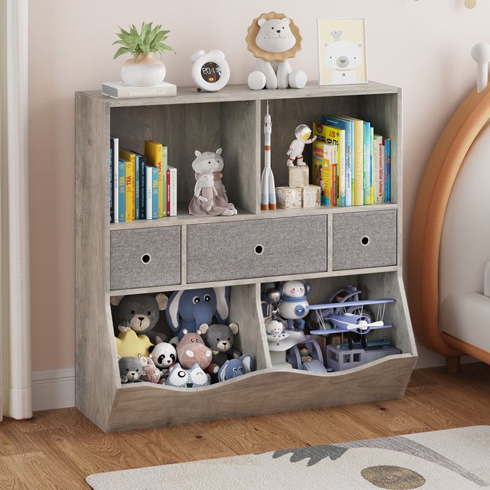 Koioplie Bibliothèque enfant et meuble rangement jouets 3 tiroirs amovibles étagère 7 casiers pour chambre salle de jeux Gris
