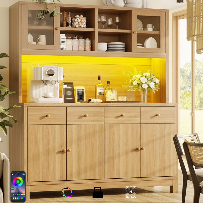 Buffet haut de cuisine - LED RGB pilotée par application - portes vitrées - 4 tiroirs - aspect bois naturel