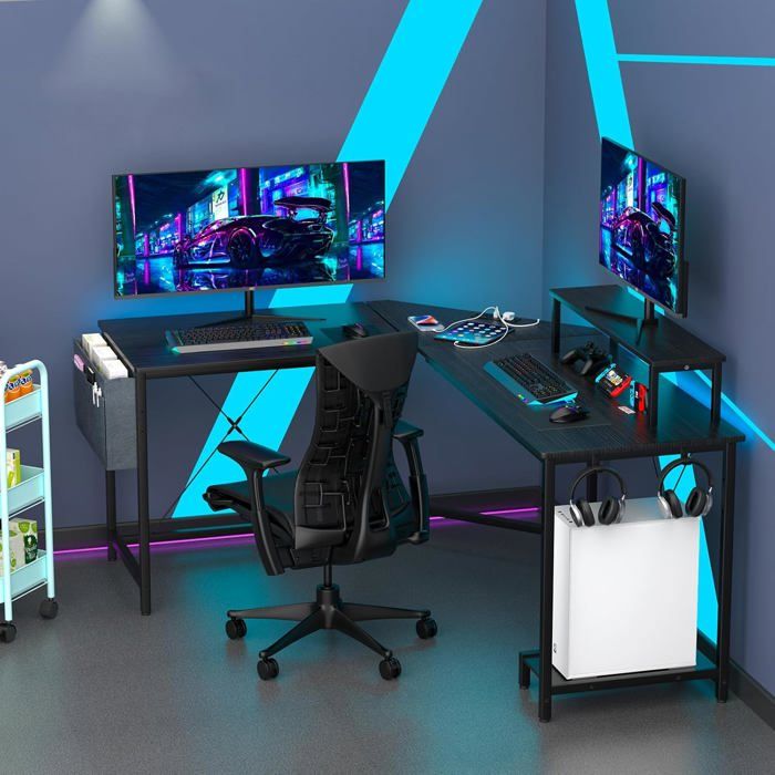 Bureau dAngle en Forme L avec Port de Charge USB et Prise de Courant 160-135cm Gaming Desk avec Support dÉcran Table Plateau