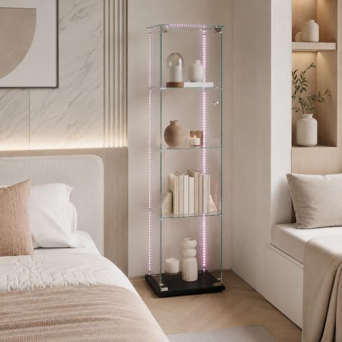 Vitrine en Verre avec bande LED et Serrure de Sécurité Vitrine Armoire 4 Étagères 1 Portes Verre Trempé Noir