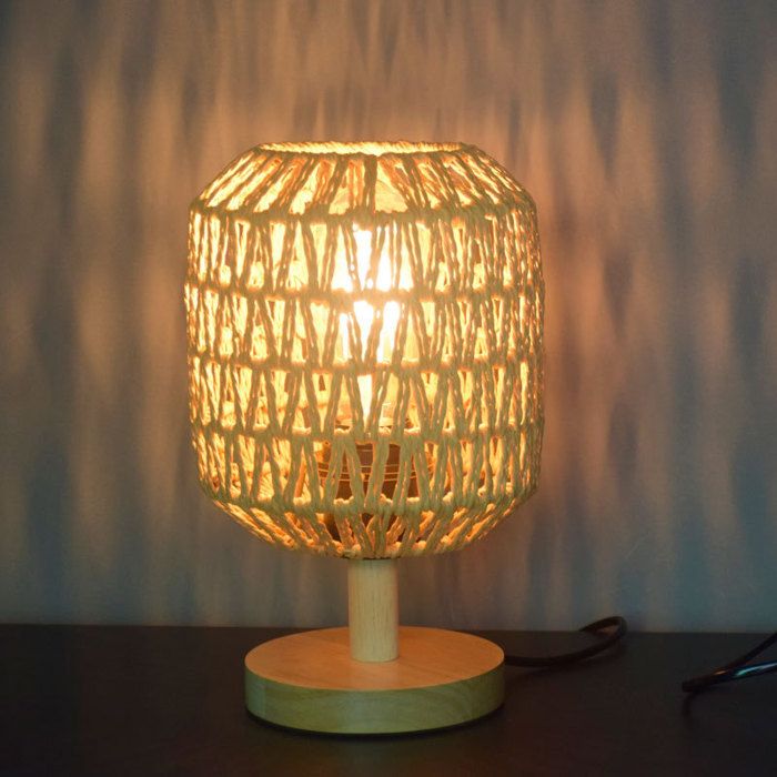 Lampe de Table E27 Style Campagne Vintage en Papier Tressé Base en bois Ø16 cm H26 cm pour chambre ou salon LAMPE A POSER