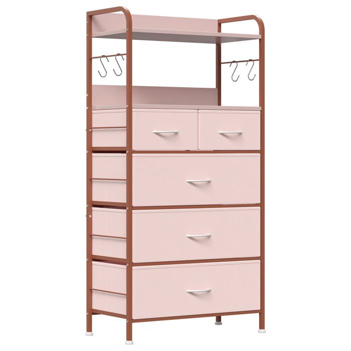 KOIOPLIE Commode dentrée 5 tiroirs en tissu non tissé meuble rangement étroit 30 cm avec cadre acier plateau MDF Rose