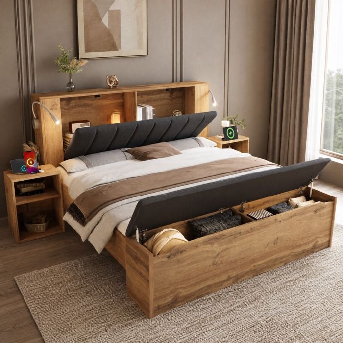 VUENOR Lit coffre 160x200 cm marron – tête rabattable lampes USB