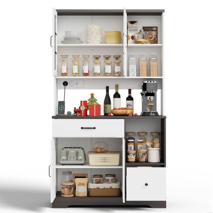Buffet de cuisine armoire haute style grange vintage 105 x 40 x 185 cm avec LED prises et tiroirs FOLYNA