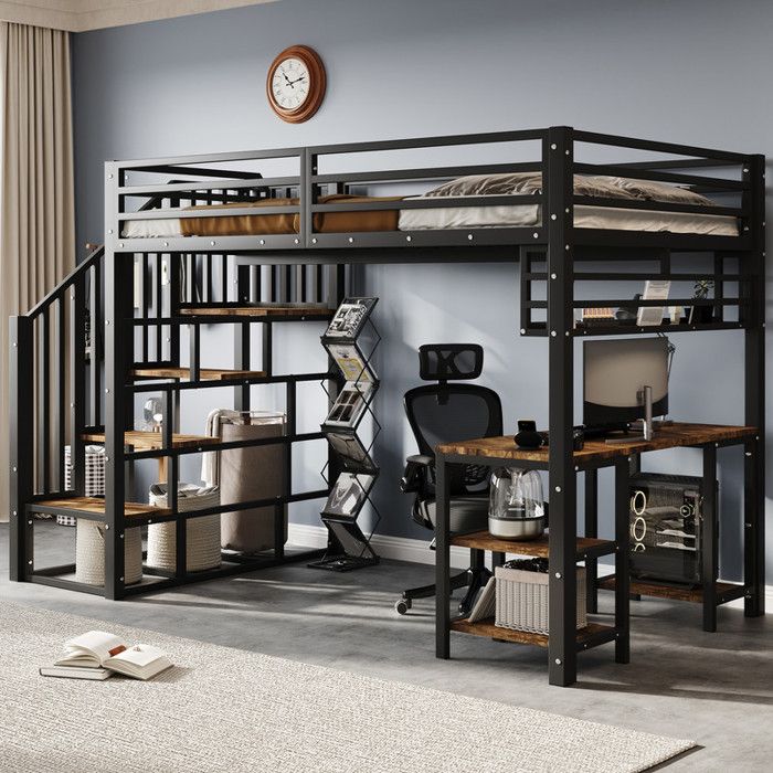 Lit mezzanine 120x200cm avec escaliers mains courantes bureau et étagère de rangement Sommiers à lattes robustes Fer+aggloméré Noir