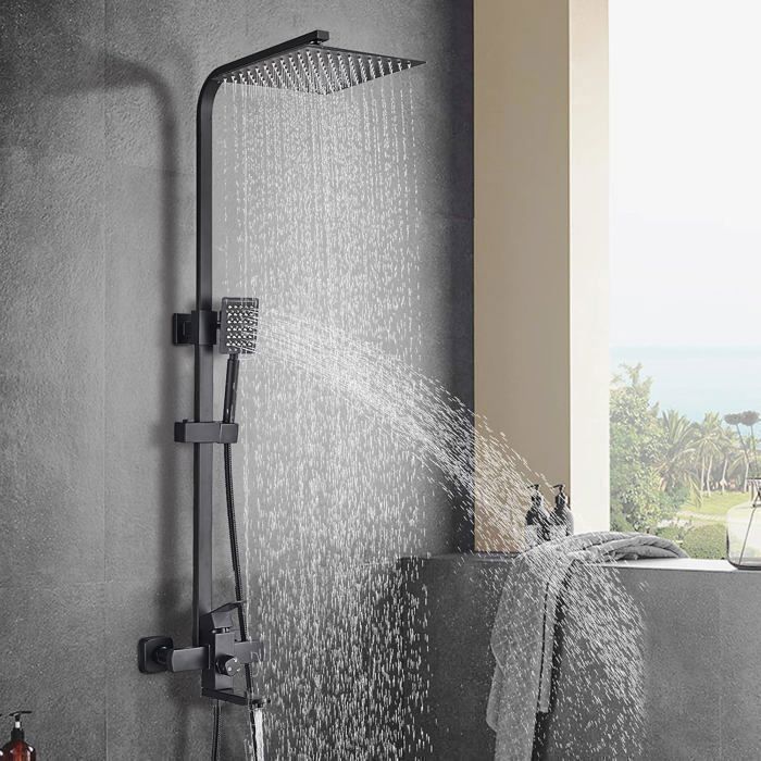 Colonne de Douche Noir Mural Système de Acier Inoxydable Douche Étagère Douche Set Solide Réglable Hauteur 75-110cm avec Douchette