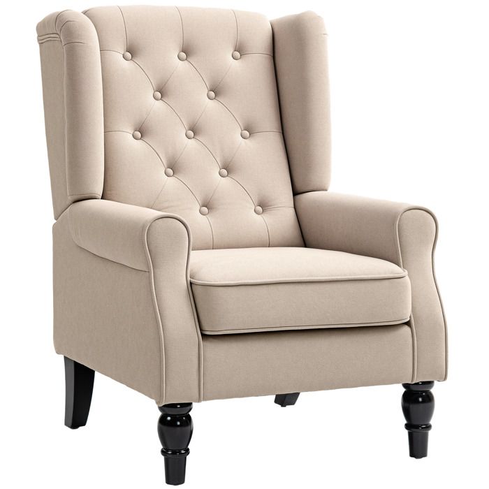 Confort de lecture fauteuil de salon capitonné beige assise large pieds en bois style classique 74 x 87 x 102 cm