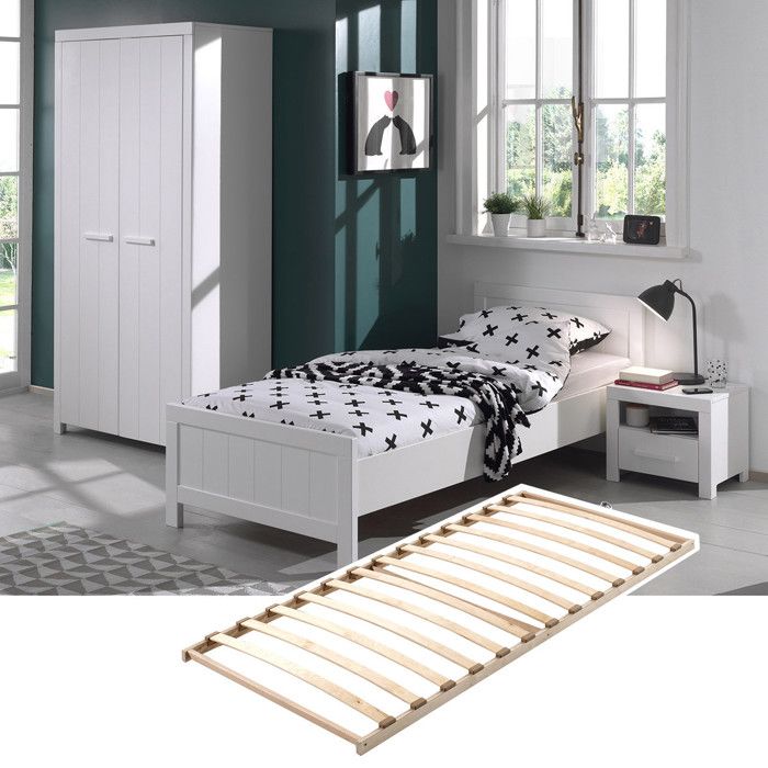 GASTON - Lit 90x200cm avec Sommier + Chevet + Armoire 2P GASTON - Lit 90x200cm avec Sommier + Chevet + Armoire 2P