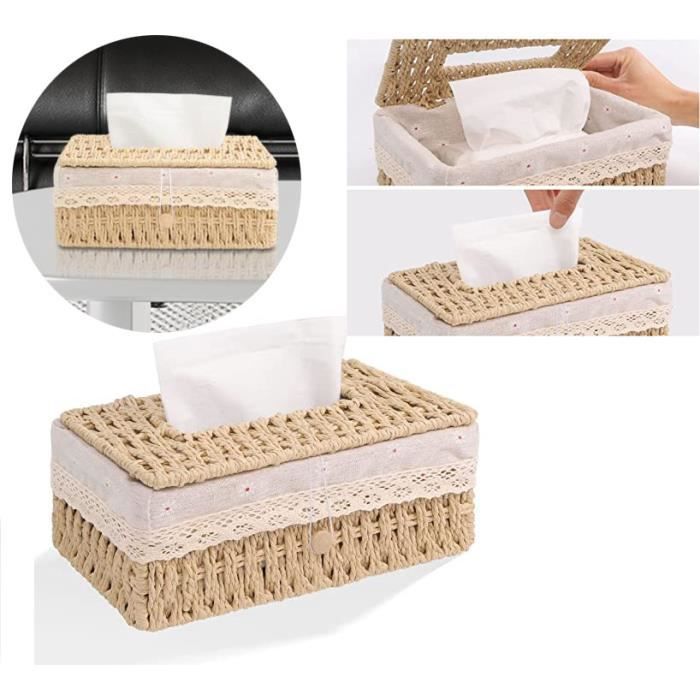 Boîte à Mouchoirs Tissée Rectangulaire, Boîte de Rangement Tressée en Gazon, Décoration Intérieure pour la Maison et Le Bureau (Brown Beige
