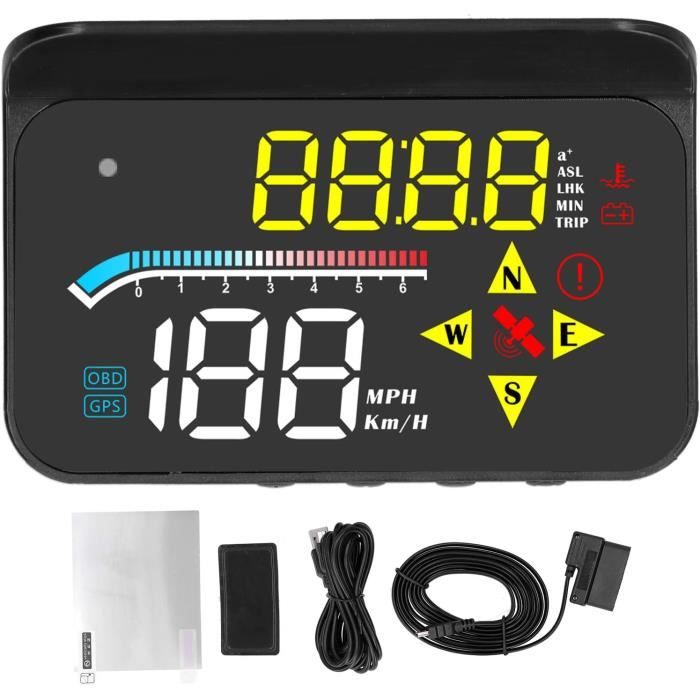 Affichage Tête Haute (HUD) Voiture OBD II - Vitesse GPS, RPM, Température, Alarme - Plug & Play - Écran Clair Anti-reflet