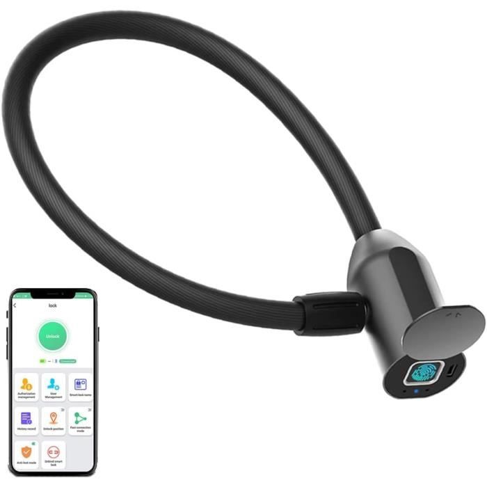 Cadenas Empreinte Digitale Avec Câble 22 Cm - Déverrouillage Appli Bluetooth - Étanche IP65 - Pour Vélo, Valise
