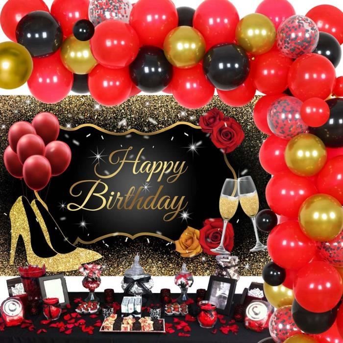 Décorations de fête rouge, noire et argentée pour femme - Fournitures de  fête d'anniversaire - Guirlande de ballons rouge, noir et argenté - Toile  de fond « Happy Birthday » - Talons