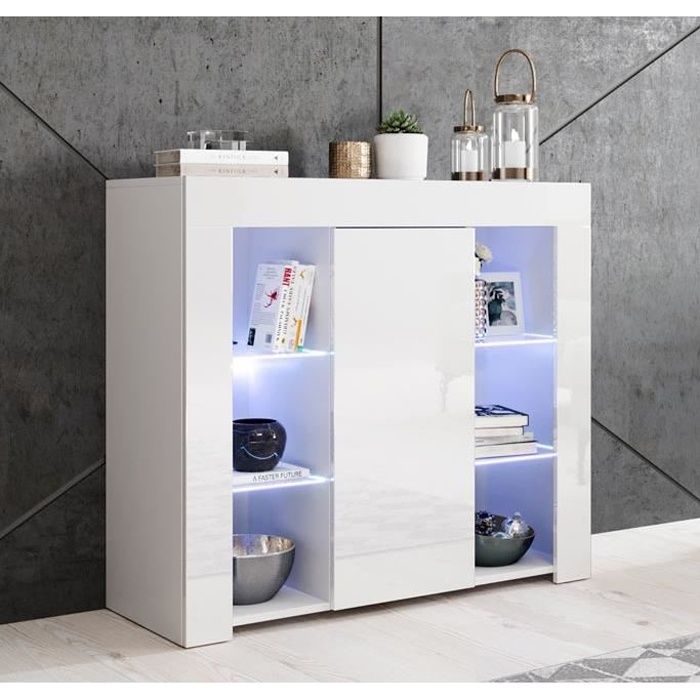 Design Ameublement - Buffet Bahut LILIAN LED - 1 porte - Blanc Brillant - 94x83x35cm