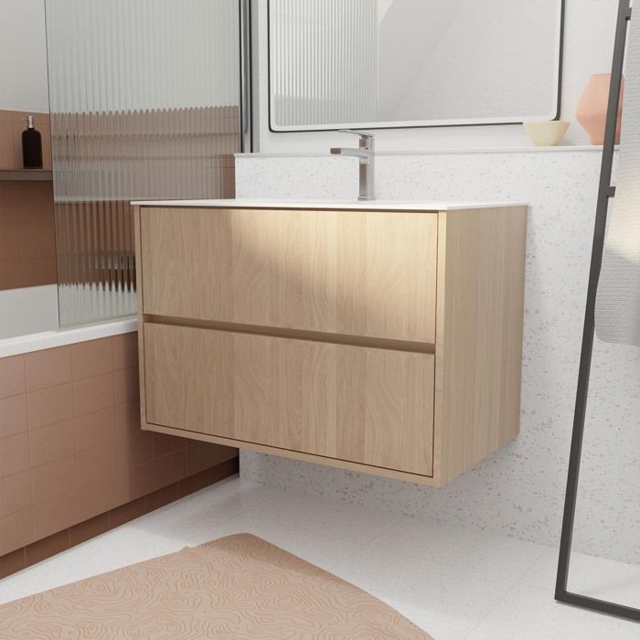 Pack Meuble Salle de Bains 80 cm Chêne Clair 2 tiroirs avec Vasque Céramique - XENOS