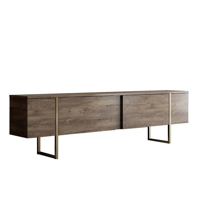 CALICOSY - Meuble TV 2 portes rabattables L180 cm - LUXE - Noyer/ Or CALICOSY - Meuble TV 2 portes rabattables L180 cm - LUXE - Noyer/ Or