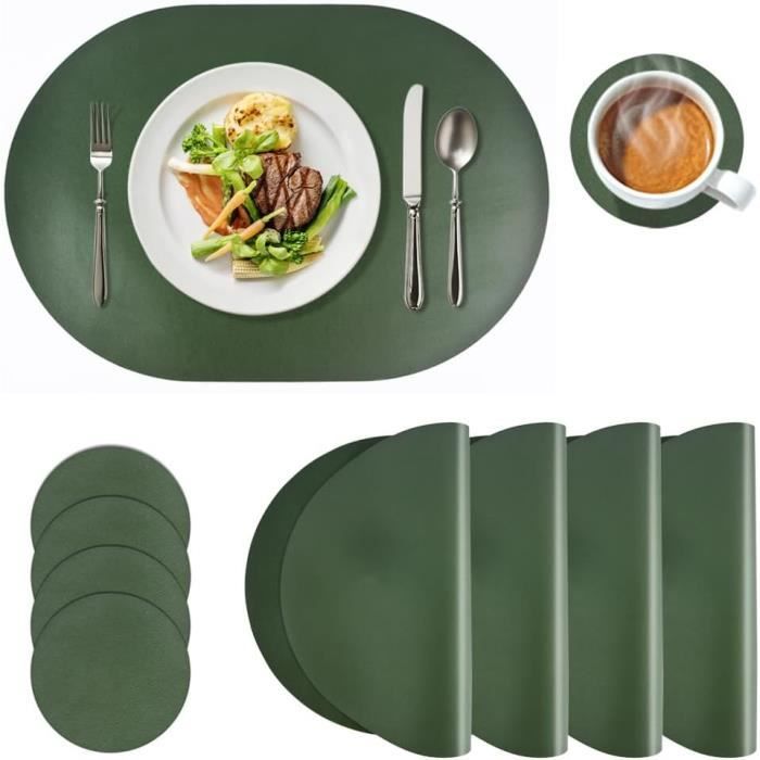 Lot De 6 Sets De Table En Cuir Synthétique Double Face - Lavables, Imperméables Et Antidérapants (Ovale Vert Clair + Beige)