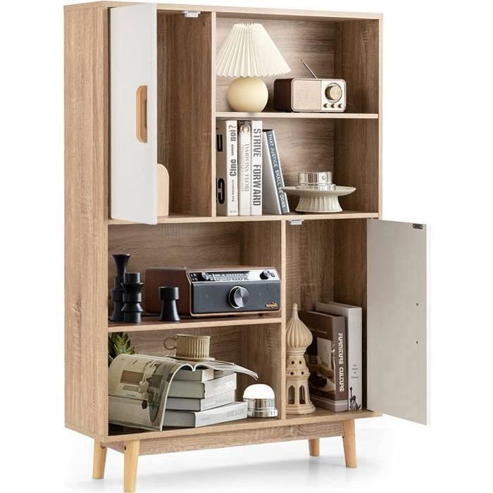 GOPLUS Bibliothèque Meuble de Rangement avec 4 Étagères Ouvertes et 2 Cabinets de Porte 80X24X1195CM Naturel
