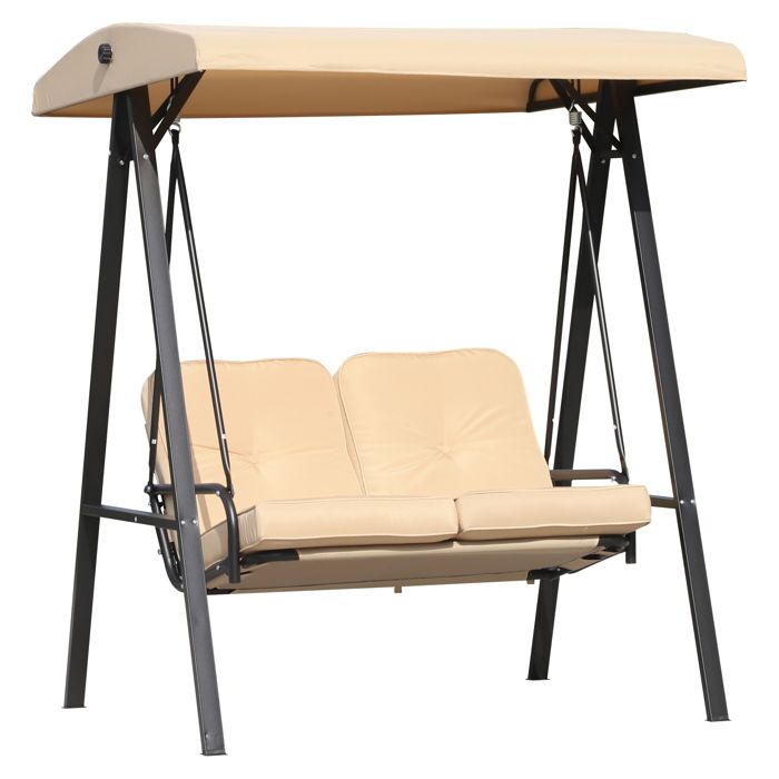 HOMCOM Balancelle de Jardin 2 Places Grand Confort Coussins d'assise et Dossier fournis accoudoirs Pare-Soleil Sable