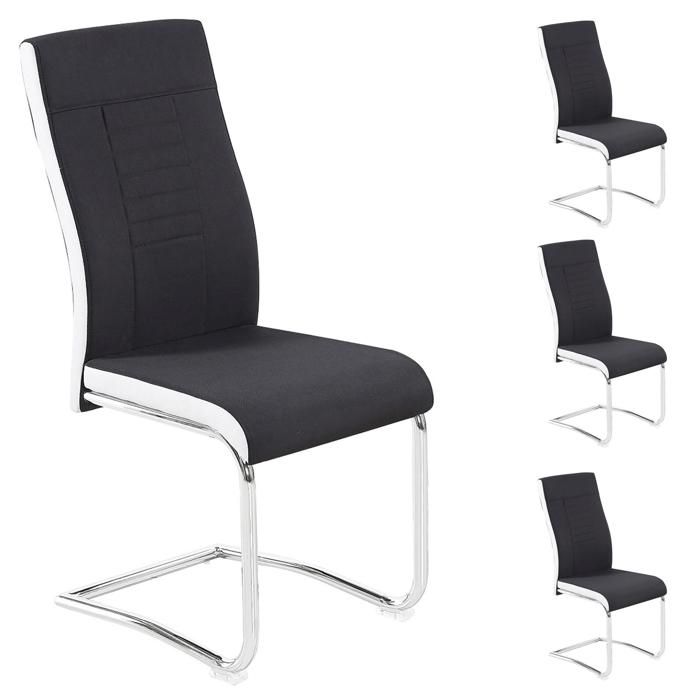 Lot de 4 chaises de salle à manger ou cuisine ALBA avec assise rembourrée et piètement chromé revêtement en tissu noir et blanc Lot de 4 chaises de salle à manger ou cuisine ALBA avec assise rembourrée et piètement chromé revêtement en tissu noir et blanc