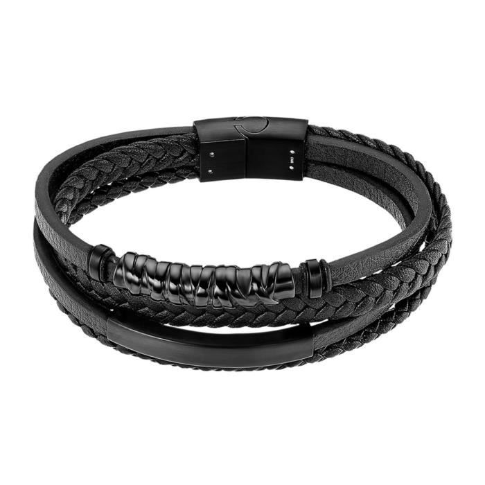 Bracelet Large En Cuir Véritable Tressé Noir - 2 Styles Réglables, Look Vintage Punk Ou Motard, Pour Homme Et Femme