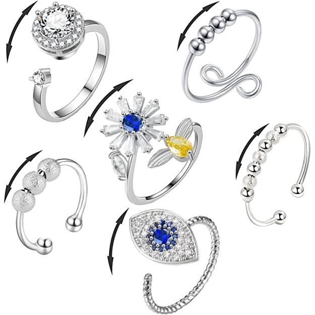 6 Bagues Anti-Stress Spinner Argentées Acier Inoxydable - Modèles Lune Étoile Vintage Pour Homme Et Femme