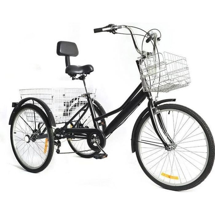 Noir Tricycle de 24 pouces pour adulte - 3 roues - 7 vitesses - Avec panier - Équipé d'une selle mécanique arrière