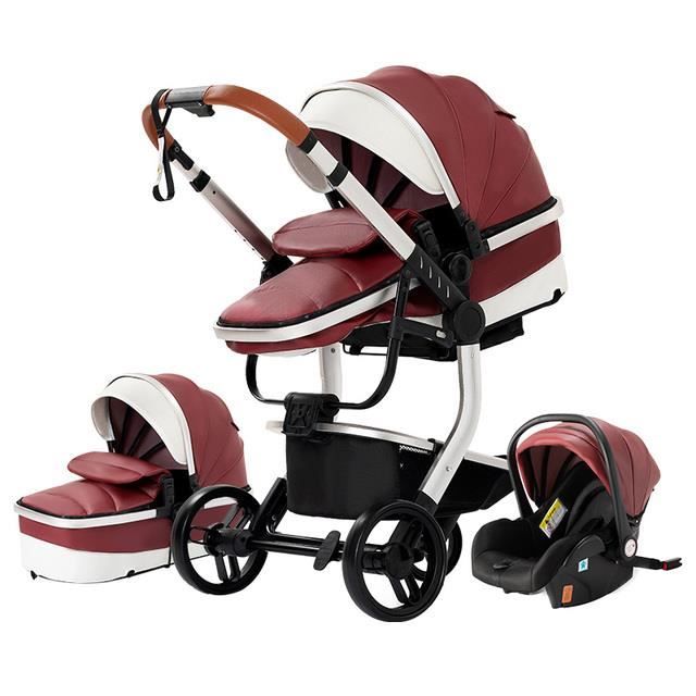 Poussette 3 en 1 Bébé Combinée Siège-Auto Nacelle Trio Réversible cuir pu Roues increvables Canne rouge.bazarland3