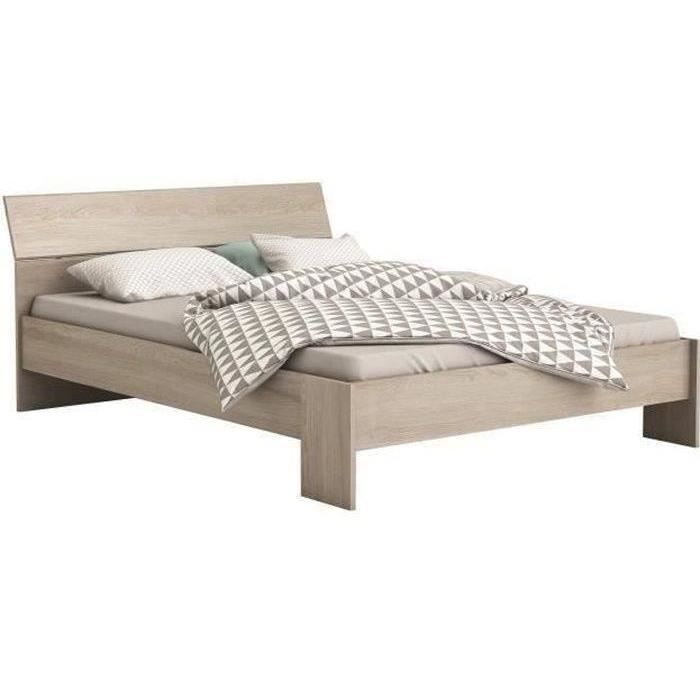 DEMEYERE PRICY Lit 140 x 190/200 cm - Décor Chêne shannon - L 145 x P 205 x H 79 cm