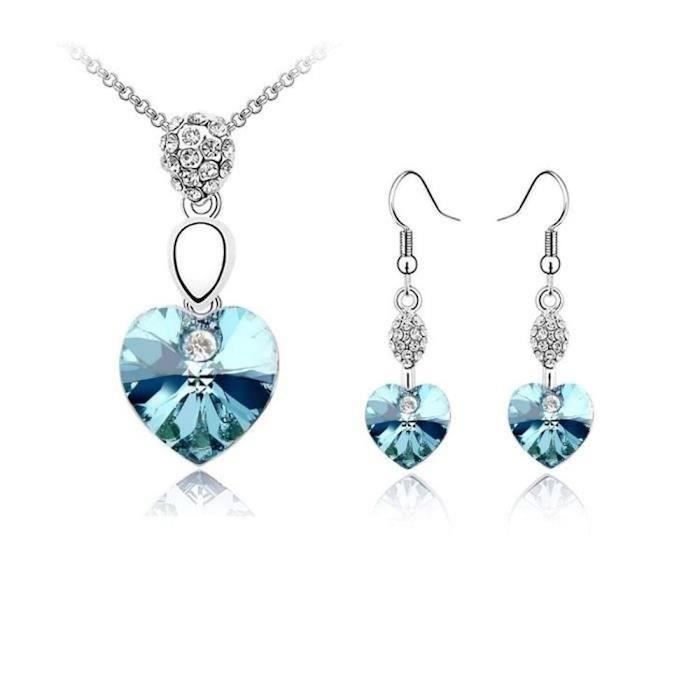 Parure Bijoux Coeur Suspendu Cristal Swarovski Elements Bleu Plaqué Or Blanc 750