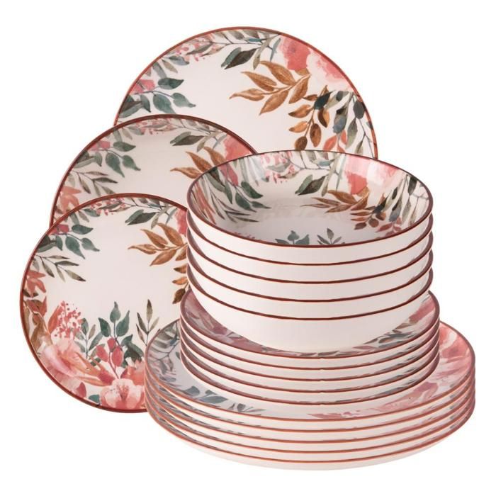 Service Assiettes Noël 18 Pièces Branche - Porcelaine, 6 Couverts, Décor Branches De Pin Et Boules