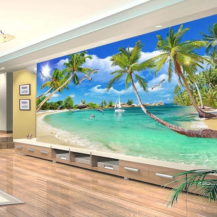 Papier Peint Photo Mural Plage Vagues Palmiers Dauphins Poster Tableaux ...