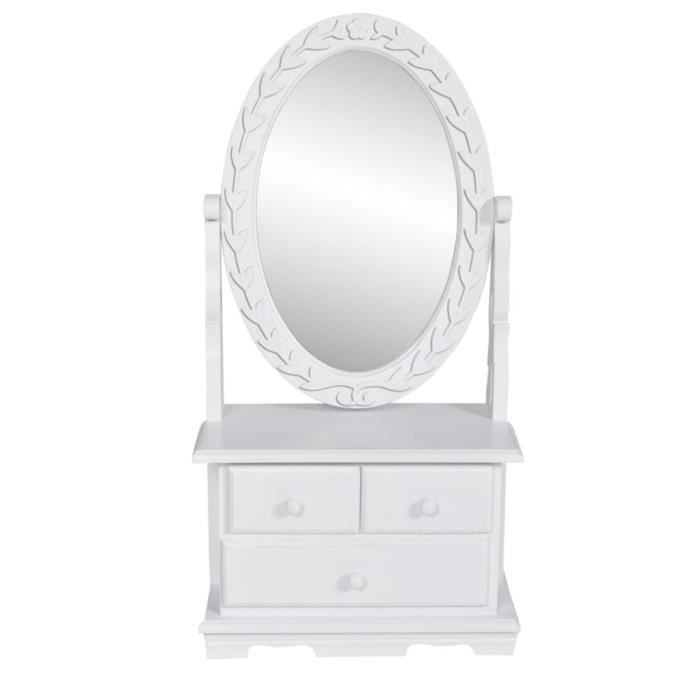 coiffeuse vintage - vidaxl - miroir pivotant ovale - bois - blanc - 2 tiroirs