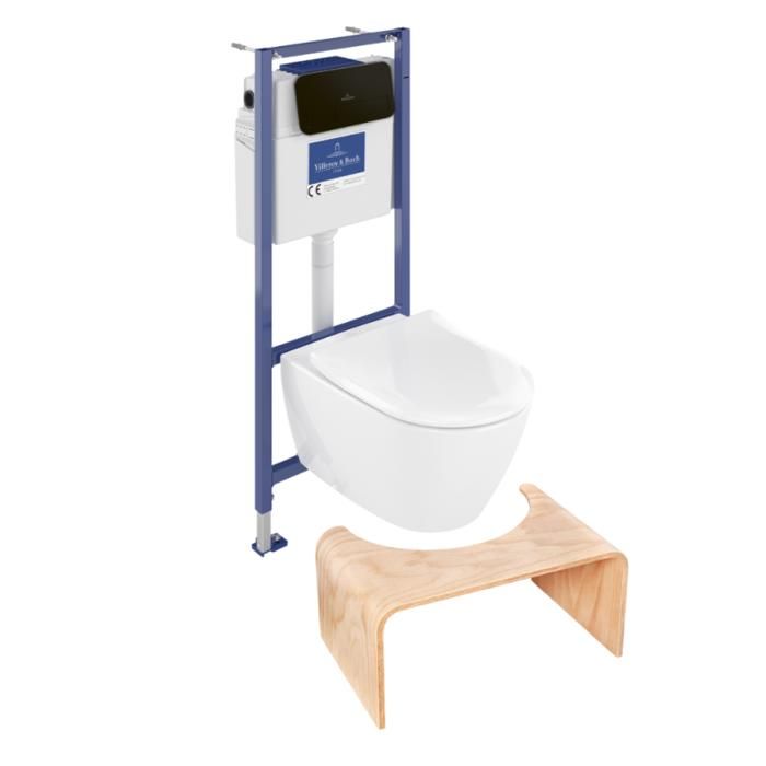 Pack WC sans bride VILLEROY ET BOCH Subway 2.0 abattant frein de chute + bâti-support sol et mur+ plaque noir mat +Tabouret bois Pack WC sans bride VILLEROY ET BOCH Subway 2.0 abattant frein de chute + bâti-support sol et mur+ plaque noir mat +Tabouret bois