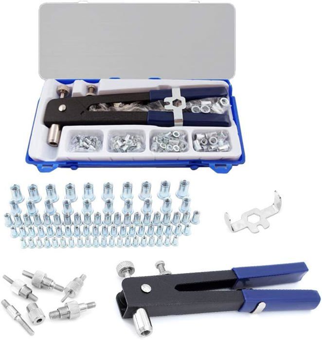 Yuhtech Kit Pistolet à Rivets Écrous Filetés 110 Pièces – Riveteuse Manuelle Professionnelle M3 M4 M5 M6 M8 Avec Mandrins Et Écrous Rivnuts