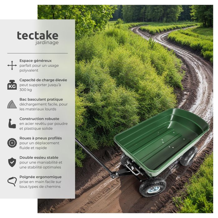 Chariot De Jardin WilTec 75L - Capacité 240kg Avec Benne Basculante Et 4 Roues - Idéal Pour Transport Lourd