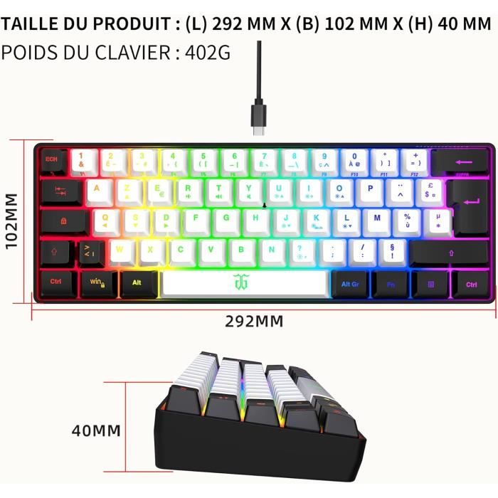 Clavier Gaming 60 Azerty Noir Et Blanc Filaire Rgb R tro clair Clavier Gaming 60 Azerty Noir Et Blanc Filaire Rgb R tro clair